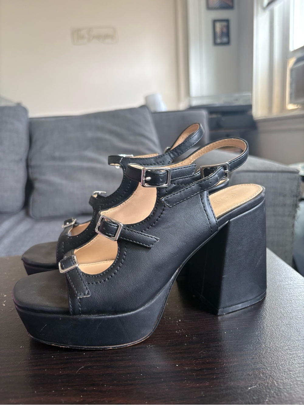 Urban Outfitters Black Triple-Buckle Platform Heeled Sandals